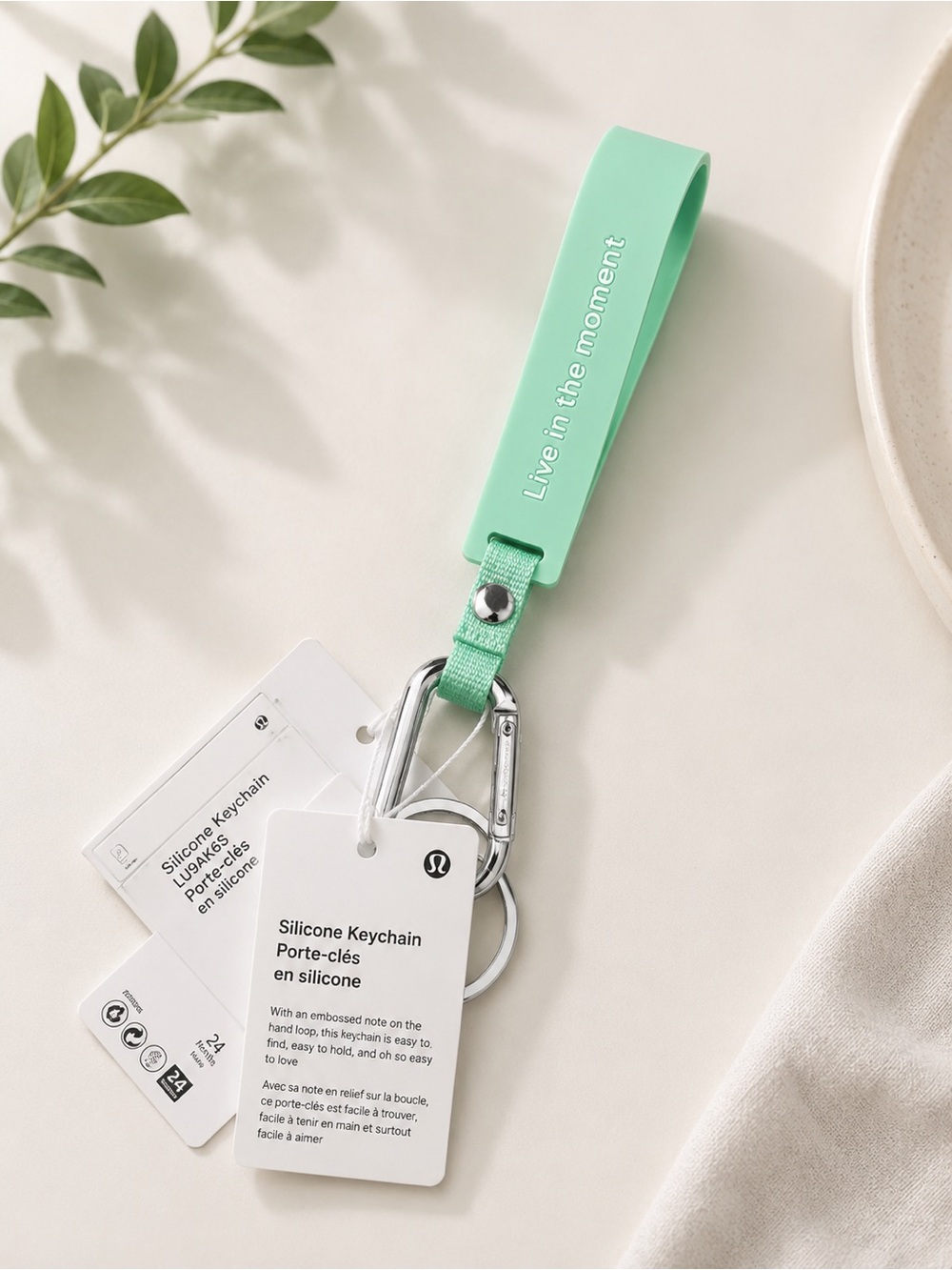 Lululemon Silicone Keychain NWT Mint Green Live In The Moment Carabiner Clip